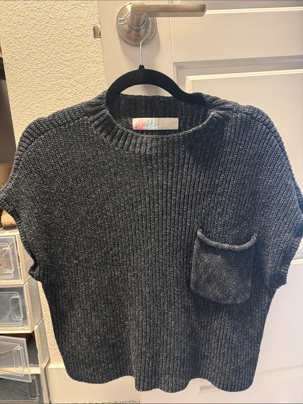 Free People Charcoal Gray Ribbed Short Sleeve Sweater with Pocket